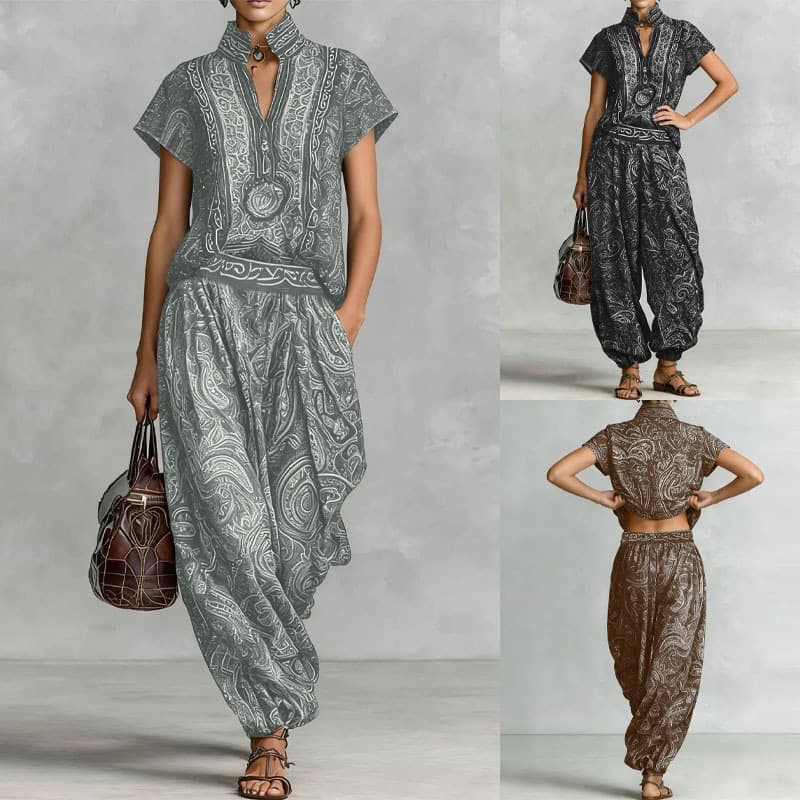 Women's Ethnic Retro Print Stand Collar Short Sleeve Top & Harem Pants Set - Casual Loose Vacation Two Piece Outfit